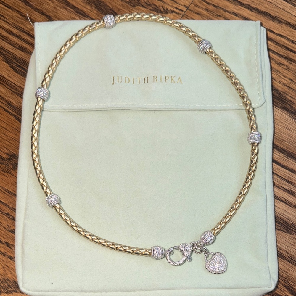 Judith Ripka Sterling Verona Gold Braided 20” Necklace Heart Charm NEW with Bag